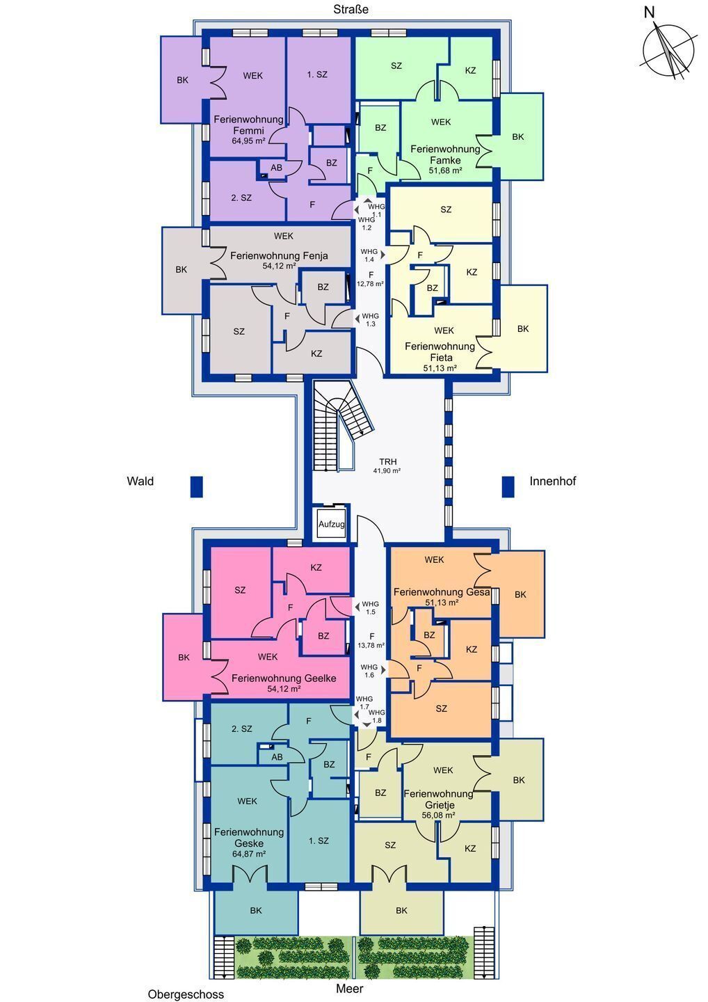 A floor plan of a hotel with multiple rooms, including a garden area, and a staircase leading to the upper floor.