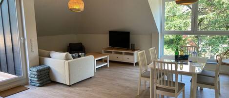 Télévision, table de tennis de table, chaîne hi-fi