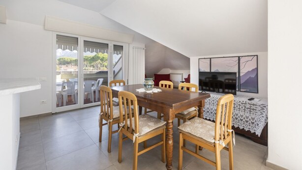 Un comedor con una mesa y sillas de madera, un televisor y vistas al exterior.