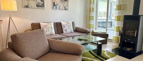 Televisión, chimenea, reproductor de DVD y estéreo