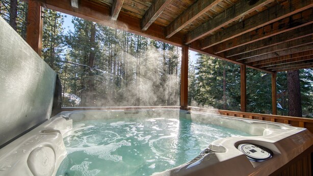 Un bain à remous doté d’un plafond en bois et offrant une vue sur une forêt.
