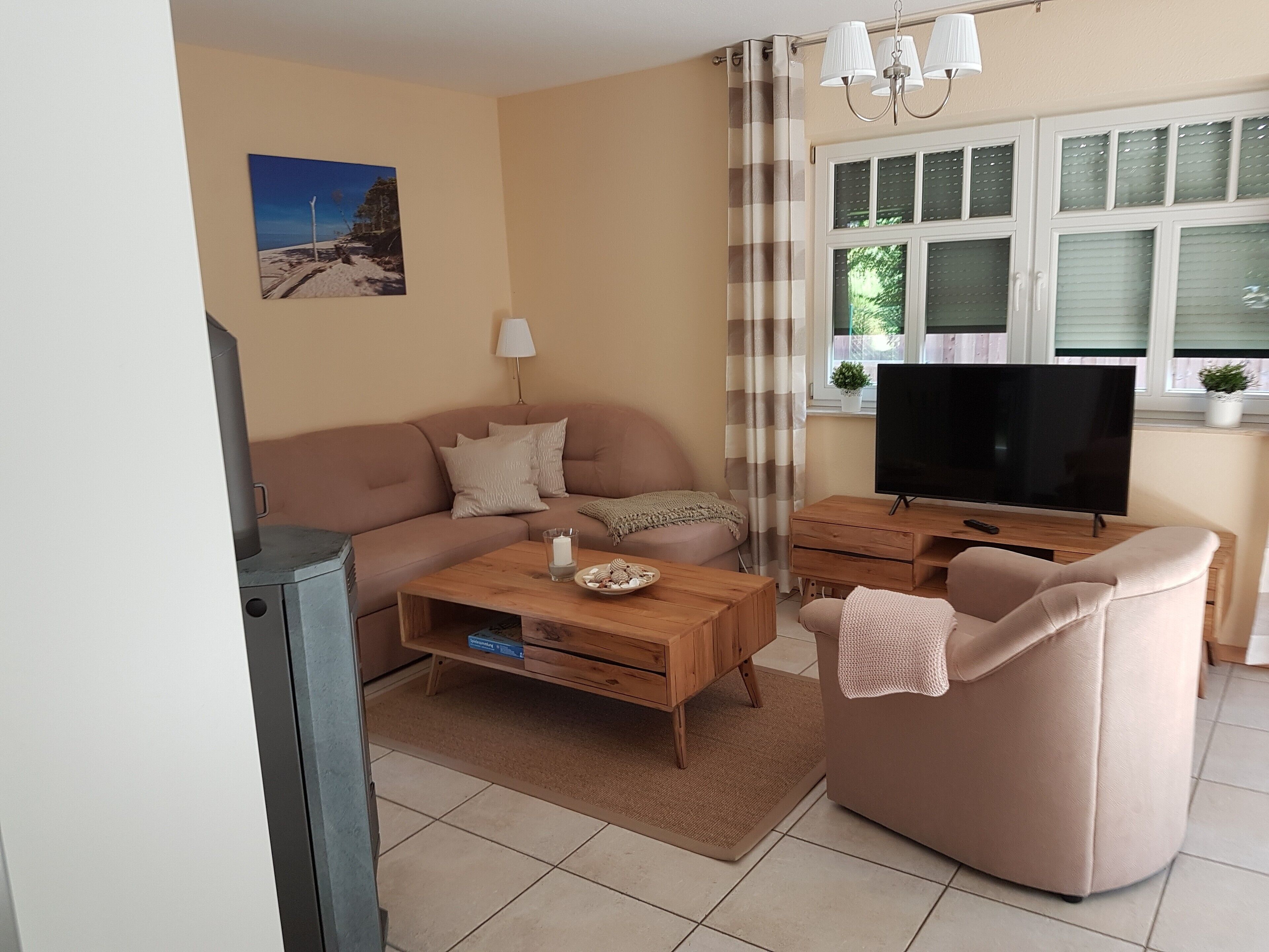 Télévision, cheminée, lecteur de DVD, chaîne hi-fi