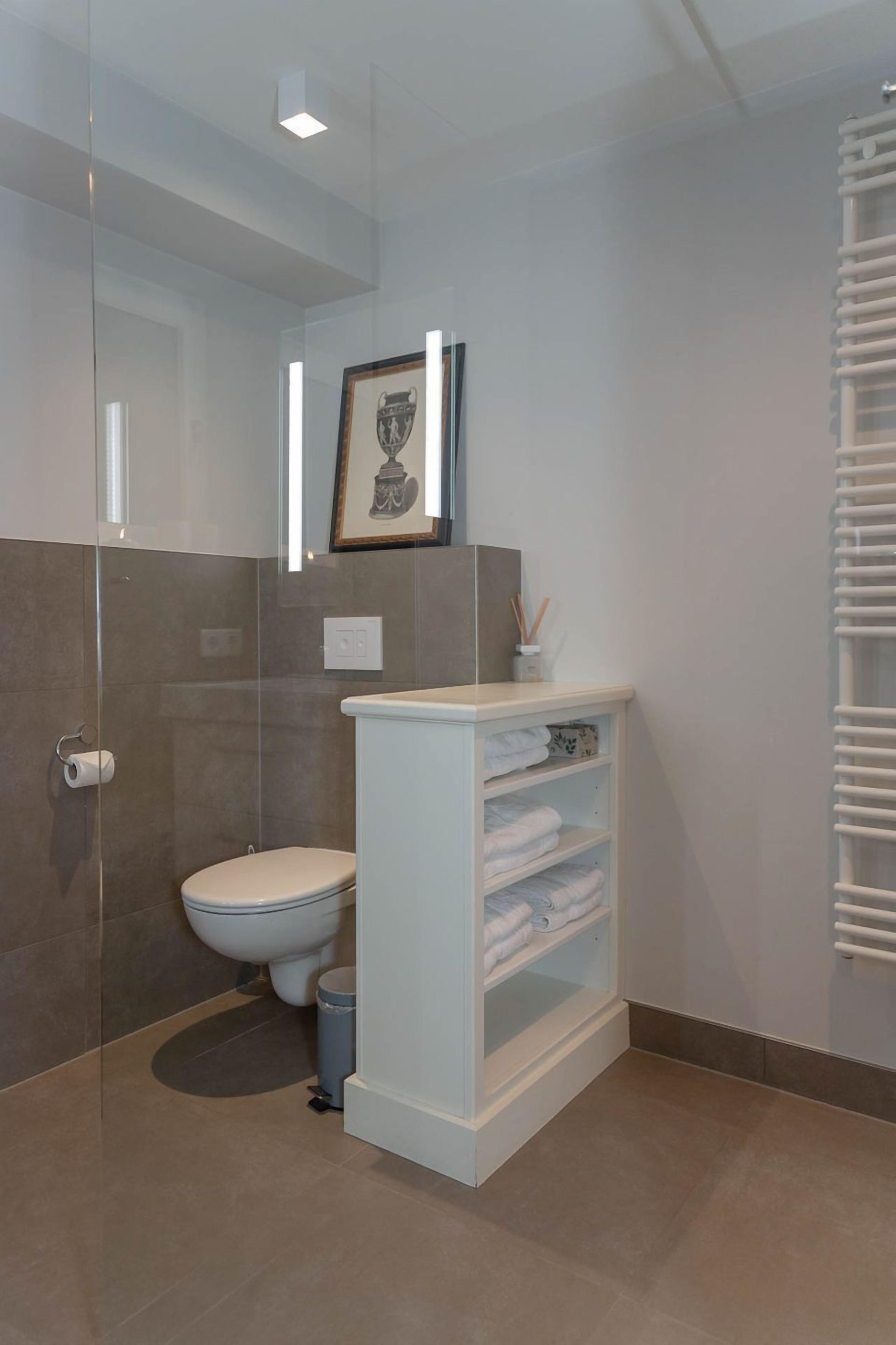 Een moderne badkamer met een glazen douchecabine, toilet en een witte wastafel met planken.