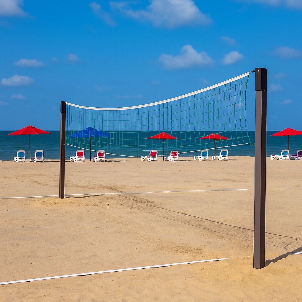 A beach volleyball net with chairs and umbrellas.