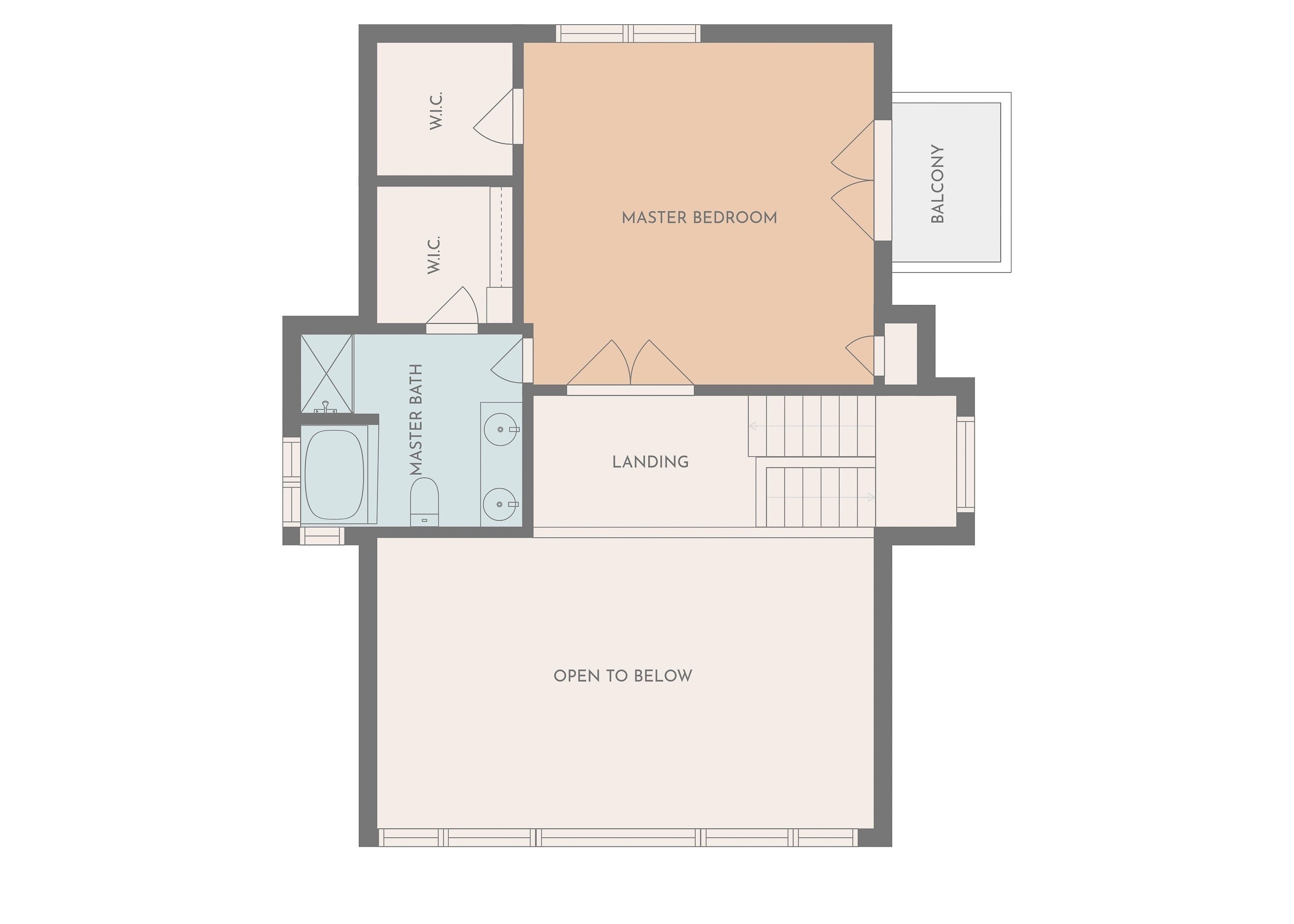 Een plattegrond van een hotelkamer met een hoofdslaapkamer, balkon, tussenruimte en een open verbinding naar beneden.