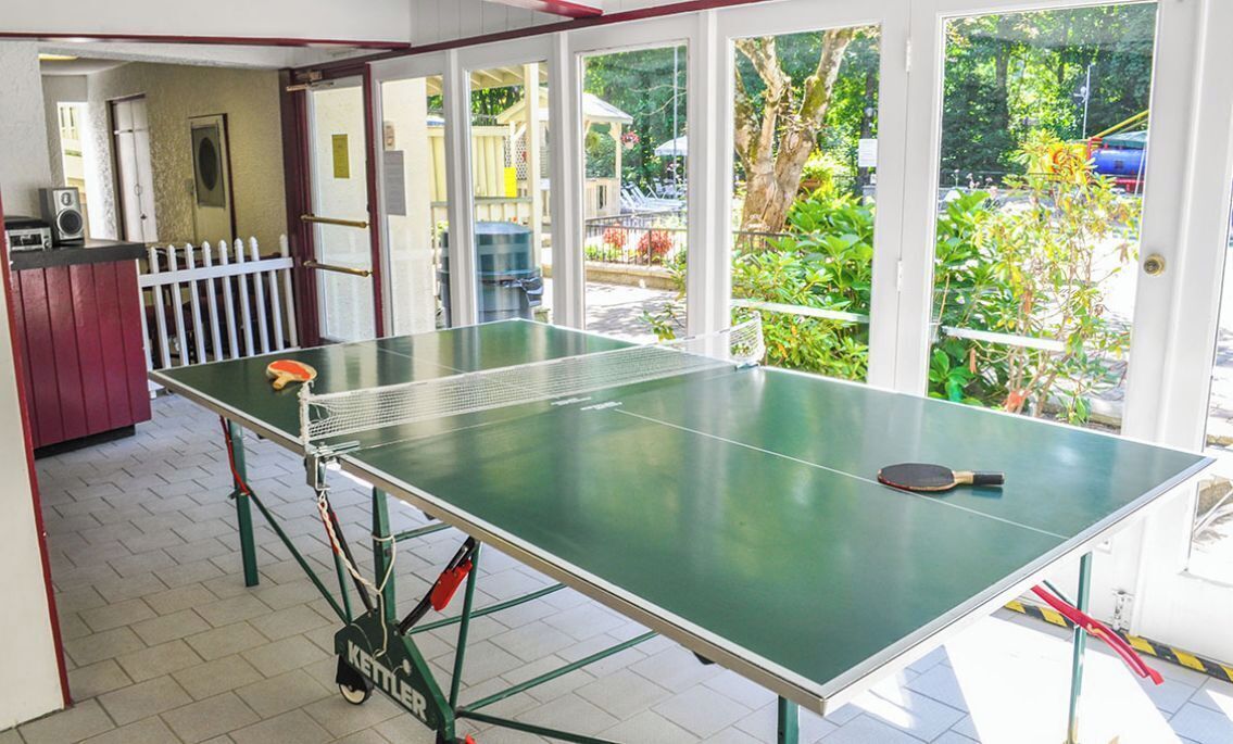 Et bordtennisbord med en ketcher, en elkedel og et kaffebord i et rum med udsigt til en have og parkerede biler.