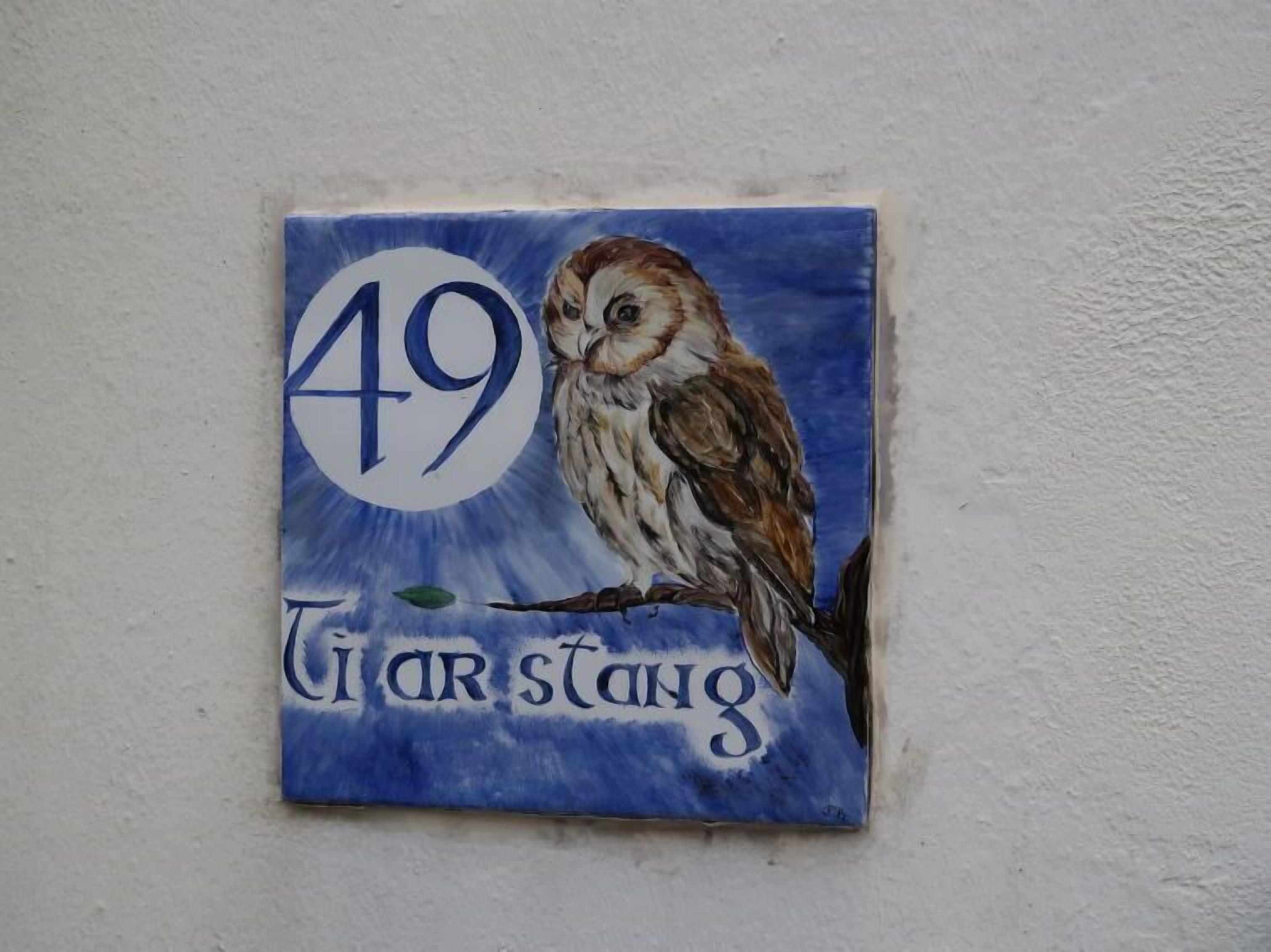 A tile with a number '49' and the text 'Tic Tac Stang' on a white wall.