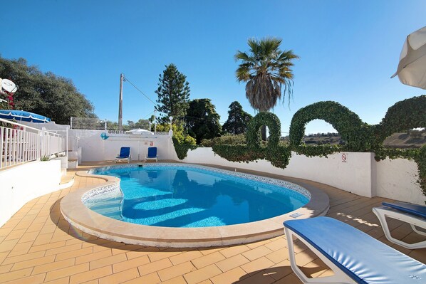 Una piscina con sillas de descanso, una palmera y una pared blanca con follaje.