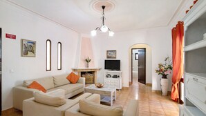 Ein Wohnzimmer mit Sofa, Couchtisch, Fernseher, Kamin und einem Flur, der in einen anderen Raum führt.