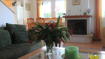 Een televisie, een open haard, een tafeltennistafel en een stereo