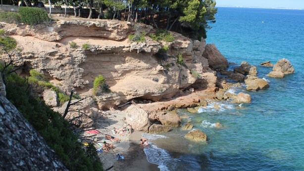 A rocky coastline with clear blue sea, a sandy beach, and some greenery.