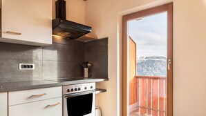 A kitchen with a stove, oven, and modern cabinetry, a window with a view of a balcony, and a door leading to an outdoor area. - Apartment 'Kehrerhof - Mountain' with Mountain View, Balcony & Wi-Fi (St. Lorenzen)