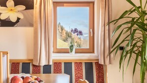 Ein Zimmer mit Fenster, Tisch mit Obstkorb, Stuhl und einer Topfpflanze.