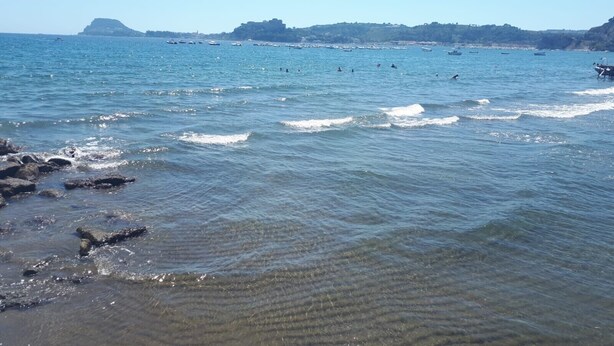 A coastal scene with clear water, rocks, boats, and distant hills. - Holiday Apartment 'Casa Isabea' with Sea View, 2 Balconies, Garden & Wi-Fi (Pozzuoli)