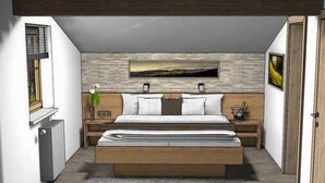 A bedroom with a large bed, two bedside tables, a nightstand, a radiator, and a framed picture on the wall.