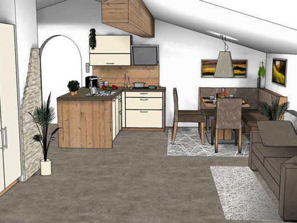Une cuisine moderne avec des meubles en bois, un coin repas comprenant une table et des chaises, et un petit îlot central doté d’un évier.