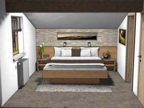 Quarto com uma cama grande, duas mesas de cabeceira, um criado-mudo, um radiador e um quadro na parede.