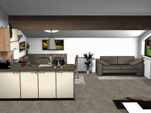 A modern kitchen with a central island, a dining area with a sofa, and a large window providing natural light. - Goat view - Alpine peace (Nauders)