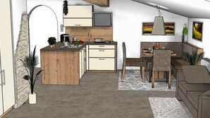 A modern kitchen with wooden cabinets, a dining area with a table and chairs, and a small island with a sink.