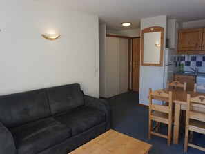 A compact living space with a sofa, a dining table with chairs, a kitchen area with wooden cabinets, and a mirror above the sink.