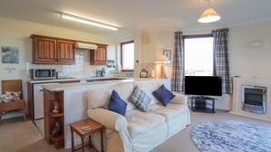 A living room with a sofa, a television, a fireplace, and a kitchen area with wooden cabinets and a microwave. - Aurora View (Forres)