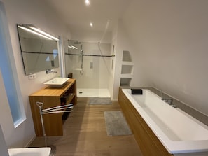 Combined shower/tub, hair dryer, bidet, towels