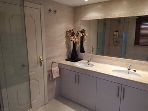 Combined shower/tub, hair dryer, bidet, towels