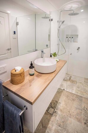 Shower, hair dryer, towels, shampoo