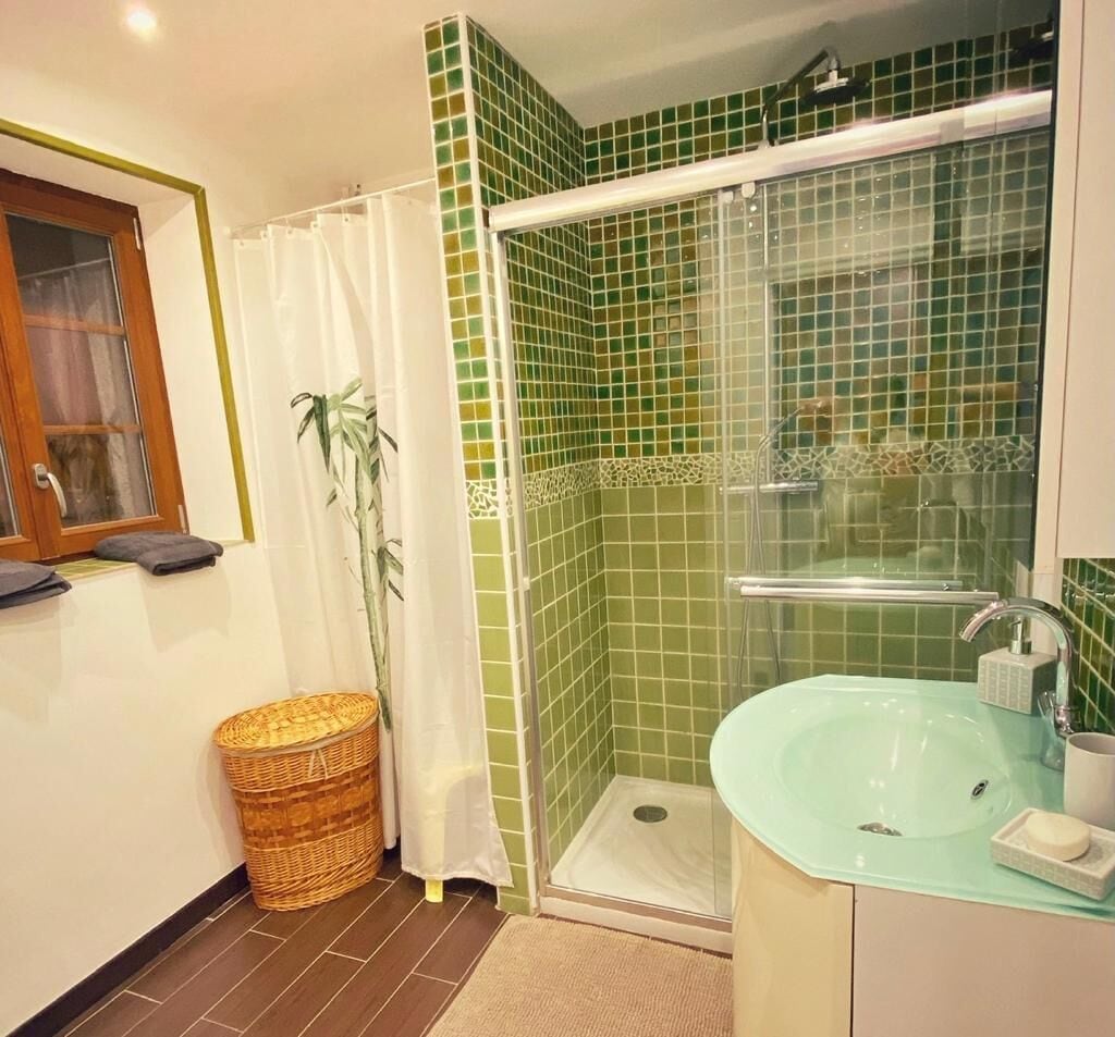 Une salle de bain avec une douche, un lavabo et une fenêtre.