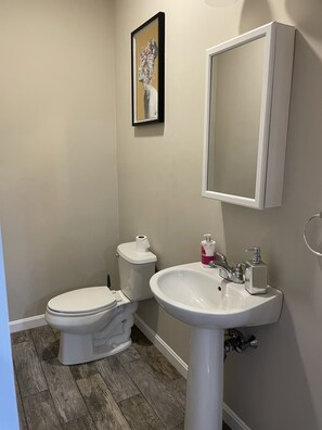 Combined shower/tub, towels, soap, toilet paper