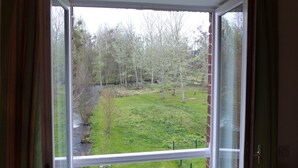 A room with a large window overlooking a grassy area with trees and a stream.