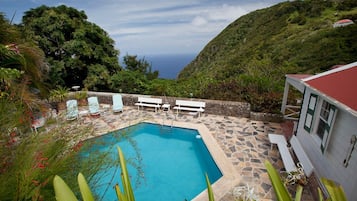 Una piscina con sillas de descanso y un patio de piedra, rodeada de abundante vegetación y con vistas a un paisaje montañoso.