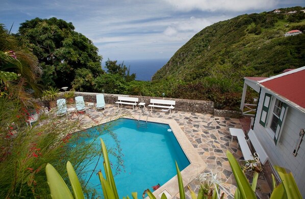 Une piscine bordée de chaises longues et dotée d’une terrasse en pierre, le tout entouré d’une végétation luxuriante et offrant une vue sur un paysage vallonné.