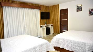 A hotel room with two beds, a TV mounted on the wall, a small desk with a plant, and a door.