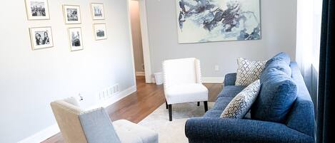 Smart TV, fireplace, books