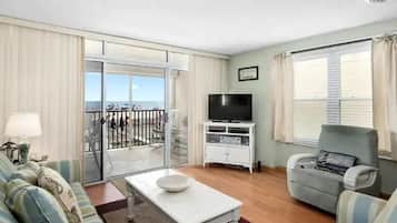 Smart TV, fireplace, books