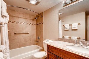 Tina con regadera, secadora de cabello, toallas, papel de baño 