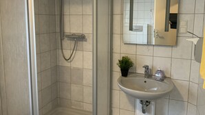 Une salle de bain avec une douche, un lavabo et un miroir.