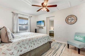 1 bedroom, desk, iron/ironing board, travel cot