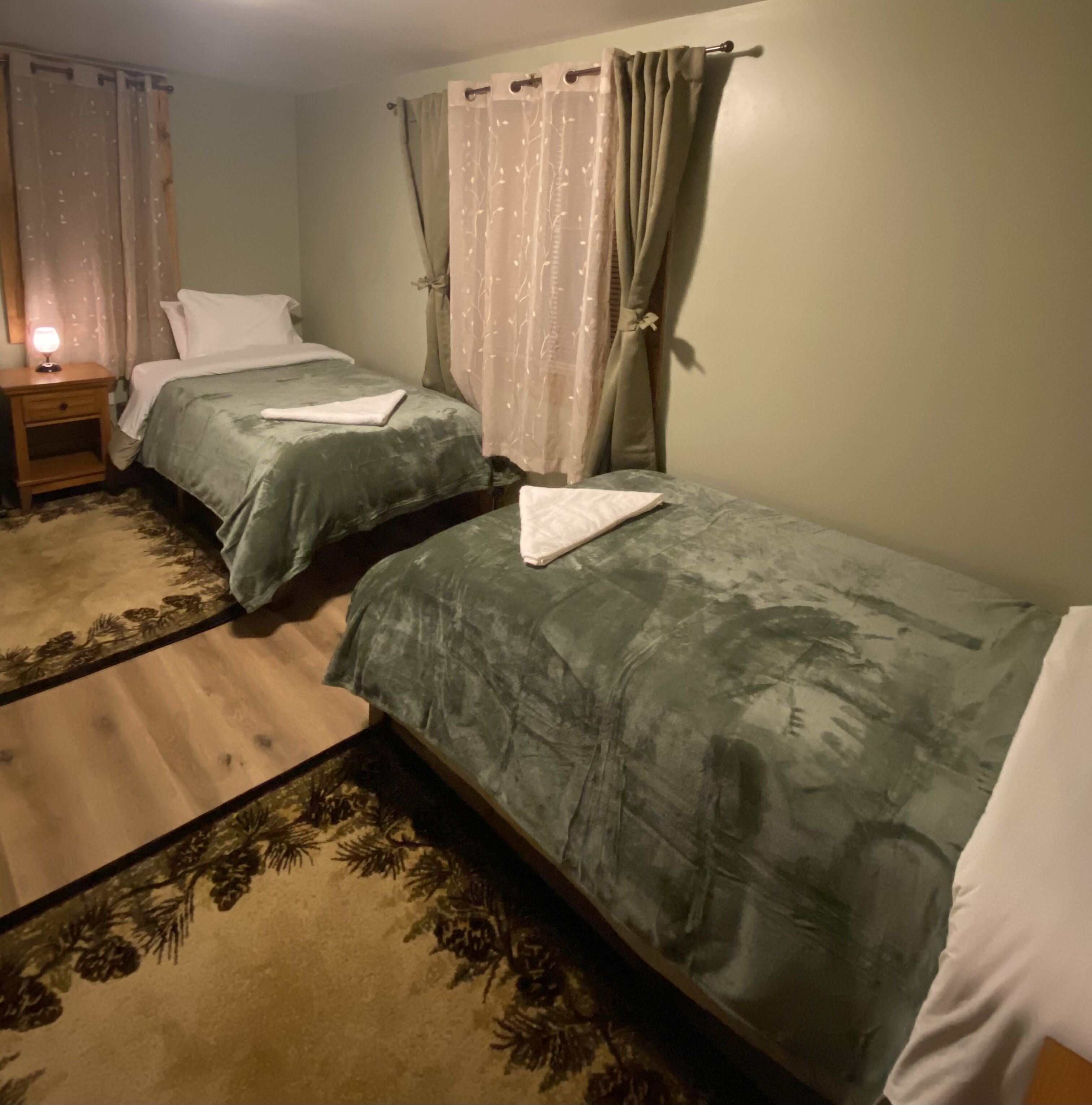 Une chambre avec deux lits, une table de chevet, une lampe et un tapis à motifs.