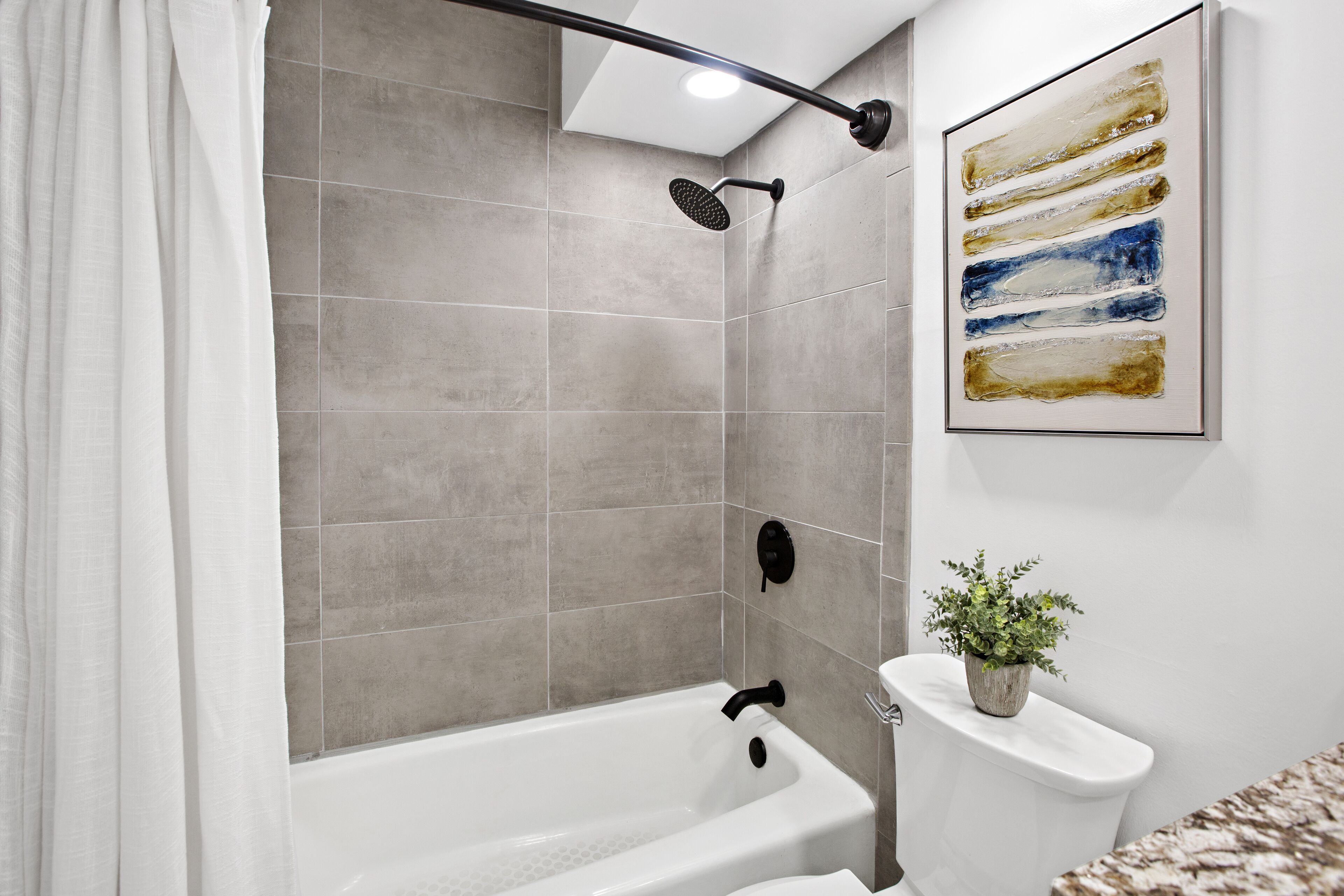 A modern bathroom with a bathtub, shower, and toilet.