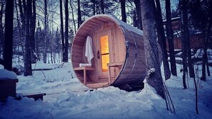A wooden log cabin with a warm interior light, surrounded by snow-covered trees in a forest.