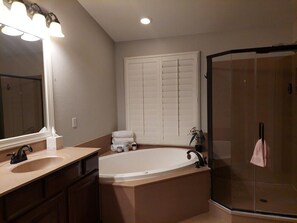 Combined shower/tub, jetted tub, hair dryer, bidet