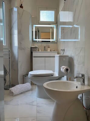 Regadera, secadora de cabello, bidet, toallas 