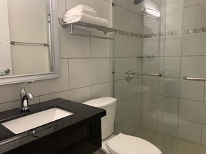 A modern bathroom with a black countertop sink, a white toilet, and a glass shower enclosure. - Gladiola Arena Condo at Eagle Beach! (Noord)