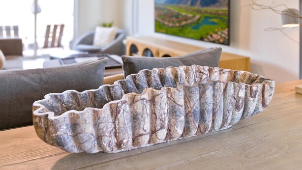 A modern living room with a wooden coffee table, grey sofas, and a painting on the wall. - Desert Retreat Relax, Recharge, Views, Resort Living, Office + Monthly Discount (Palm Springs)