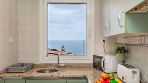 Una cocina con vista al mar por la ventana, un lavamanos, un microondas, un tostador y un cuenco de fruta.
