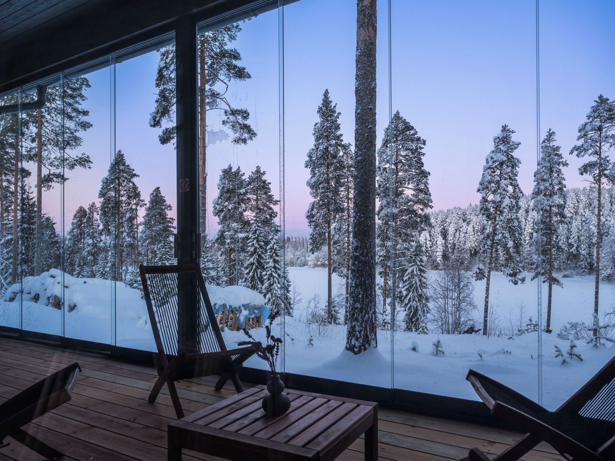 A wooden deck with a view of a snowy forest through large windows.