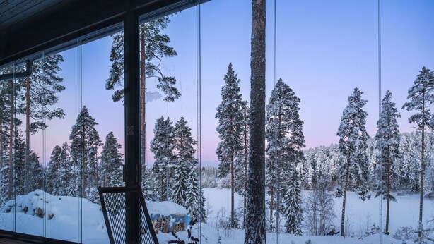 A wooden deck with a view of a snowy forest through large windows.