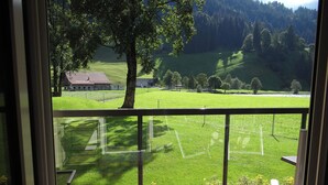 A balcony with a view of a green field, a tree, and a building in the distance.